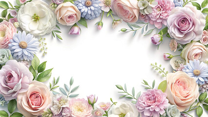 A delicate arrangement of pastel-hued flowers forming an elegant border around a blank space, ideal for adding personalized messages or graphics