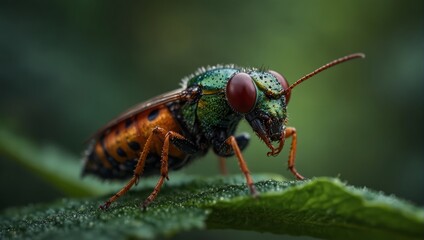 Naklejka premium A close up of a colorful insect sitting on top of green leaf,.
