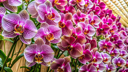 Exquisite orchids delicately arranged in a diagonal pattern, creating a visually stunning display...
