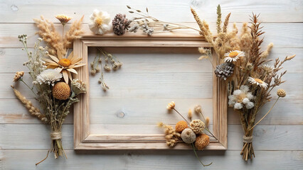 A minimalist yet stylish arrangement of dried flowers forming a rustic frame with ample space for text or graphics, perfect for a natural-themed design