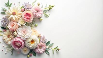 A delicate arrangement of pastel-colored blooms meticulously placed around the edges of a white backdrop, offering ample space for text or graphics