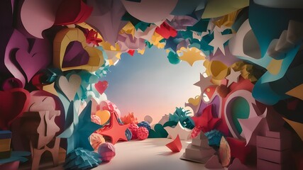 A colorful and whimsical paper art installation featuring playful shapes, creating engaging graphics for social media posts.