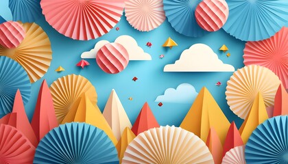 A colorful and whimsical paper art installation featuring playful shapes, creating engaging graphics for social media posts.