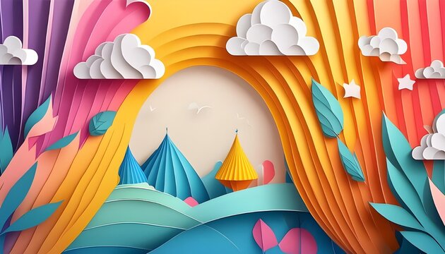 A colorful and whimsical paper art installation featuring playful shapes, creating engaging graphics for social media posts.
