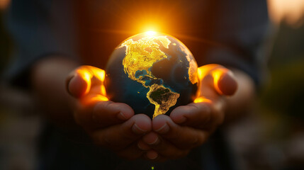 Fototapeta premium Earth at night light. holding in the human hands. Saving energy to save the world. Earth at night was holding in human hands. Earth day. Energy saving concept, Elements of this image furnished. 