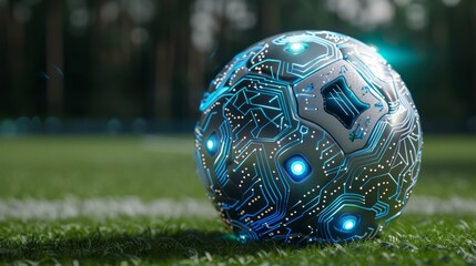 A visually striking 3D rendering of a soccer ball with intricate digital circuitry patterns, symbolizing the fusion of sports and advanced technology