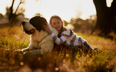 Love, dog and portrait of child with hug park for affection, friendship or cuddle pet in nature....