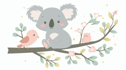 Cute koala and bird friend on tree branch. Happy baby