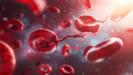 Fototapeta premium Microscopic View of Red Blood Cells in the Bloodstream with Focused Cellular Details and Vivid Colors