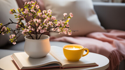 Un bouquet de fleurs égayant la table du petit-déjeuner, accompagné d'une tasse de thé chaud, crée une ambiance printanière et accueillante.