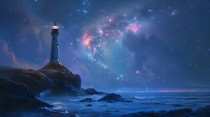 A lone lighthouse stands sentinel on a rugged coastline, its beacon of hope shining brightly against the backdrop of a star-studded sky, guiding ships safely to shore.