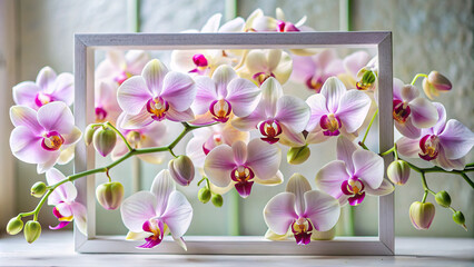 A close-up shot of delicate orchids arranged in a rectangular frame, providing a serene backdrop for various designs