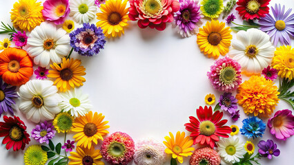 Vibrant blooms arranged in a circular pattern against a white background, providing ample space for text or graphics.