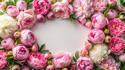 An overhead shot of a floral frame made of pink peonies, exuding femininity and elegance, perfect for bridal or fashion-themed designs.