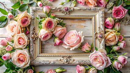A close-up of a floral flat lay arrangement featuring a vintage frame adorned with roses, creating a timeless and romantic atmosphere.