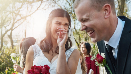 Outdoor, funny and bride with groom, wedding day and happiness with romance, flowers and sunshine....