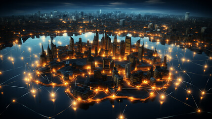 Vue nocturne d'Istanbul, lumi&egrave;re urbaine et coucher de soleil. Architecture et trafic, ponts illumin&eacute;s. Panorama de la ville, cr&eacute;puscule, rues anim&eacute;es, lune et horizon en Europe, centre-ville vibrant.