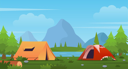 2 camping tents near the river. Summer landscape illustration for camping or hiking. sunny day with a couple of tents, mountains, and a forest. Suitable for camping event posters, banners, and other