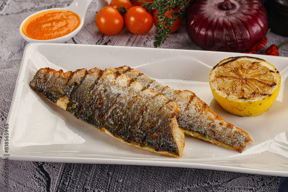 Poster Grilled seabass fillet with lemon