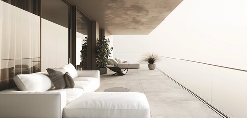 Sleek balcony design featuring a pristine white sofa, accented with plush cushions and chic decor. 