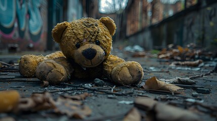 a lone teddy bear toy lying abandoned on the playground floor, its presence hauntingly evocative of lost innocence and untold stories