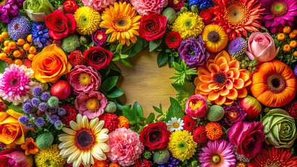 A close-up shot of vibrant blooms meticulously placed to create a circular frame, inviting creativity