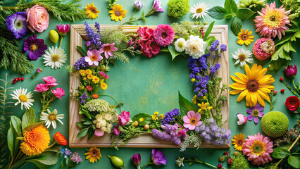 A creative flat lay of assorted flowers and greenery, meticulously arranged to form a colorful and visually appealing frame.