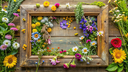 Fototapeta na wymiar A rustic frame filled with vibrant wildflowers, offering a charming and natural backdrop for various creative projects.