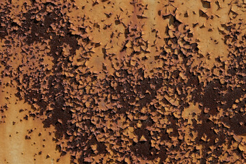 Detailed close-up of a metal surface with peeling, rusted paint. The image captures the intricate...