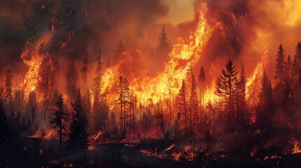 strong forest fire on a summer day. the fire element destroys trees in the forest