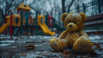 a lone teddy bear toy lying abandoned on the playground floor, its presence hauntingly evocative of lost innocence and untold stories