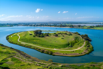 Naklejka premium Aerial view of Fiesta Island nature reserve in the heart of San Diego with views of Bay Park