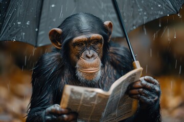 Chimpanzee Monkey reading a newspaper under umbrella