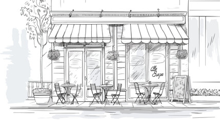 Drawing of sidewalk cafe or restaurant with tables an