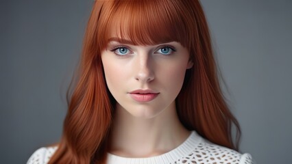 A portrait of a young woman with long red hair and blue eyes, wearing a white lace top. The grey background and soft lighting highlight her striking features and elegant expression
