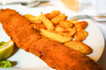 フライドポテトが添えられた細長いザグレブ風カツレツ