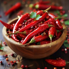 Wooden bowl with chili peppers.