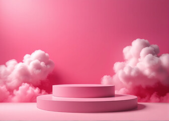 Background podium pink 3d product sky platform display cloud pastel scene render stand. Pink podium stage minimal abstract background beauty dreamy space studio pedestal smoke showcase geometric
