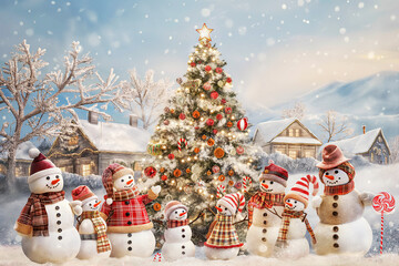 Merry Christmas, retro style card idea with snowmen around decorated Christmas tree, horizontal poster