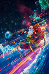 A postcard featuring a digital hologram of Santa's sleigh flying across a pixelated night sky, colorful neon snowflakes and a combination of high technology, futurism and Christmas.