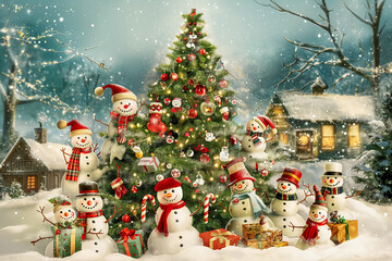 Idea for a Christmas card or poster with snowmen around a Christmas tree decorated with balls, congratulations for the winter holidays