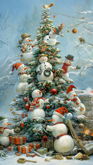 Vertical card in vintage style with snowmen decorating the fir tree for Christmas, idea for a greeting card for the winter holidays