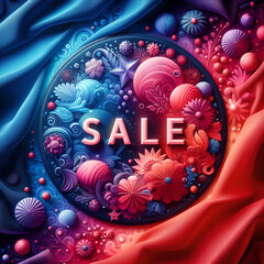 The word "sale" on a fabric background with bright red, blue and purple textures