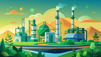 Obraz premium Vibrant Industrial Landscape with Factories and Green Foliage