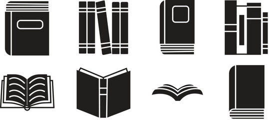 Set of Books pages glyph icons. Filled signs for mobile concepts and website designs. Black Books vectors icons Symbols, logos illustrations collection isolated on transparent background.