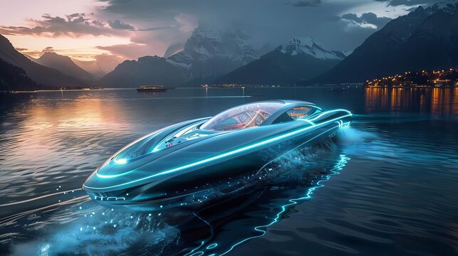 A hightech boat with interactive holograms and digital navigation, exploring a futuristic lake, Tech, Digital Illustration2