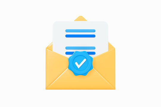3D Open envelope with paper and check mark. Approved document. Verified message. Email with stamp. Confirmation letter. Completed task or survey. Cartoon design icon. 3D Vector illustration
