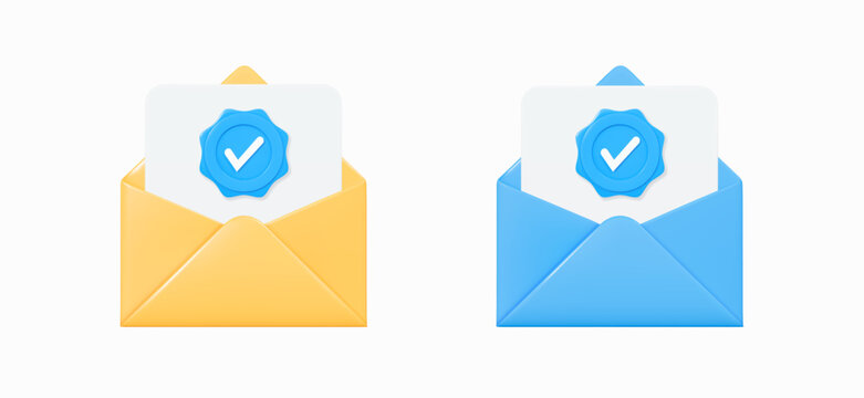 3D Open envelope with document inside and checkmark. Verified document. Send letter by email. Online verification. Approved checklist. Message by mail. Cartoon design set icons. 3D Vector illustration