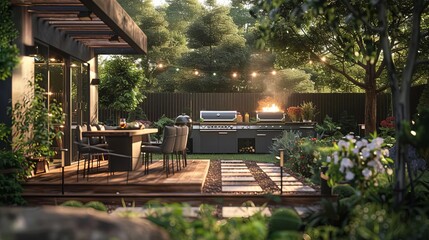 A modern backyard barbecue with people using VR headsets, holographic food, and AIdriven grills, Tech, 3D Render