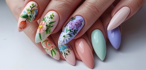 Stunning nail art featuring Easter pastel colors, elegant almond-shaped nails, and exquisite floral details. 
